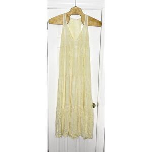 INDAH Women's V Neck Tiered Maxi Dress Yellow White Animal Print Small‎